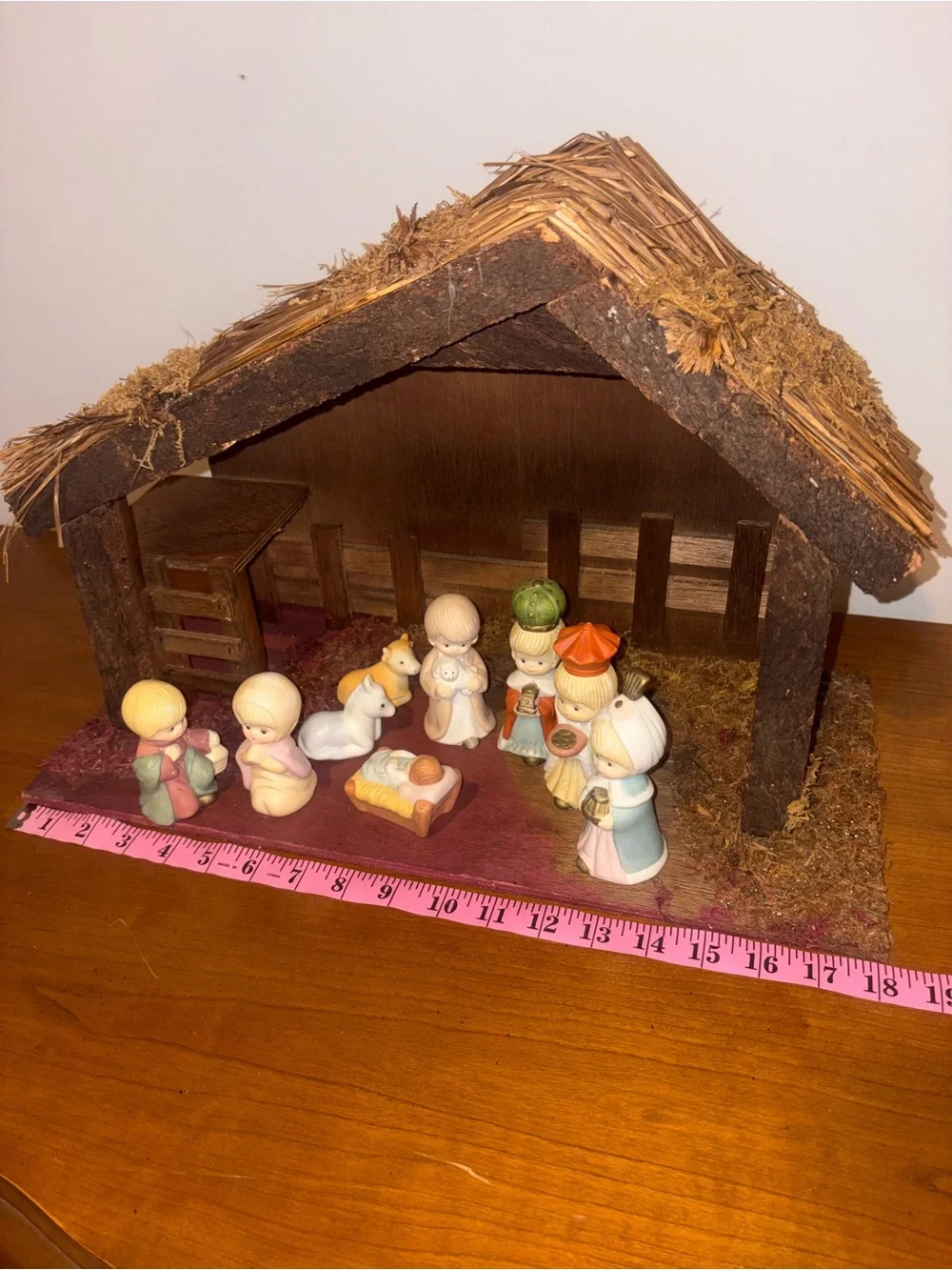 Vintage Christmas Wooden Nativity Set with Pastel Porcelain Figurines